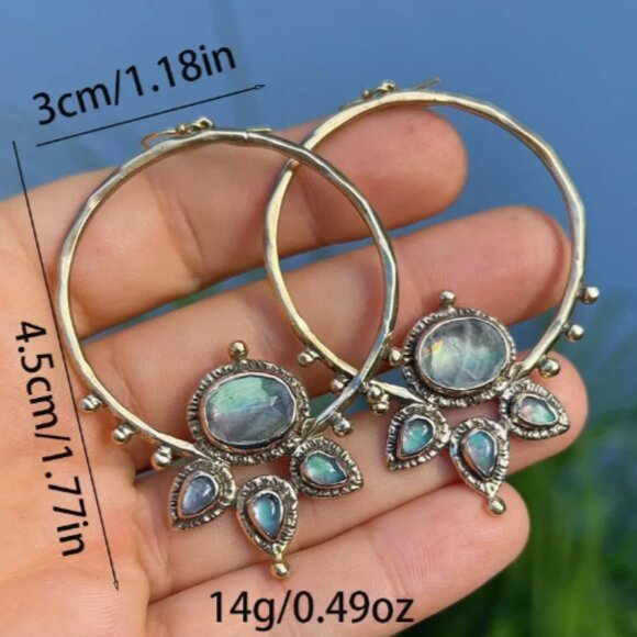 Silver Moonstone Color Gemstone Lotus Flower Earrings - Picture 10 of 10